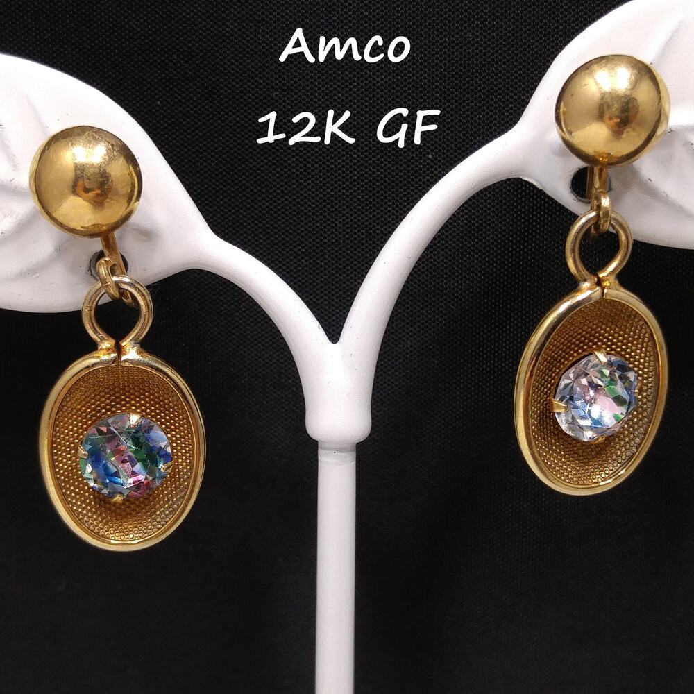 Amco Gold Filled Rhinestone Earrings, Screw-backs, Gold Mesh, 1940s